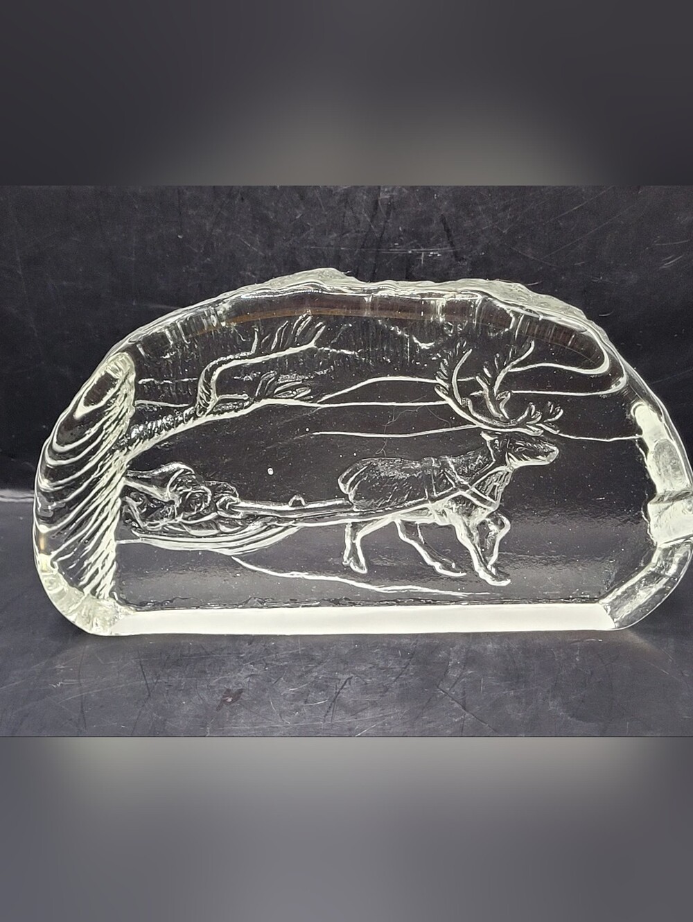 Vintage Crystal Art Glass Engraved Moose Elk Paperweight 5"H x 5.75"L x 1"W